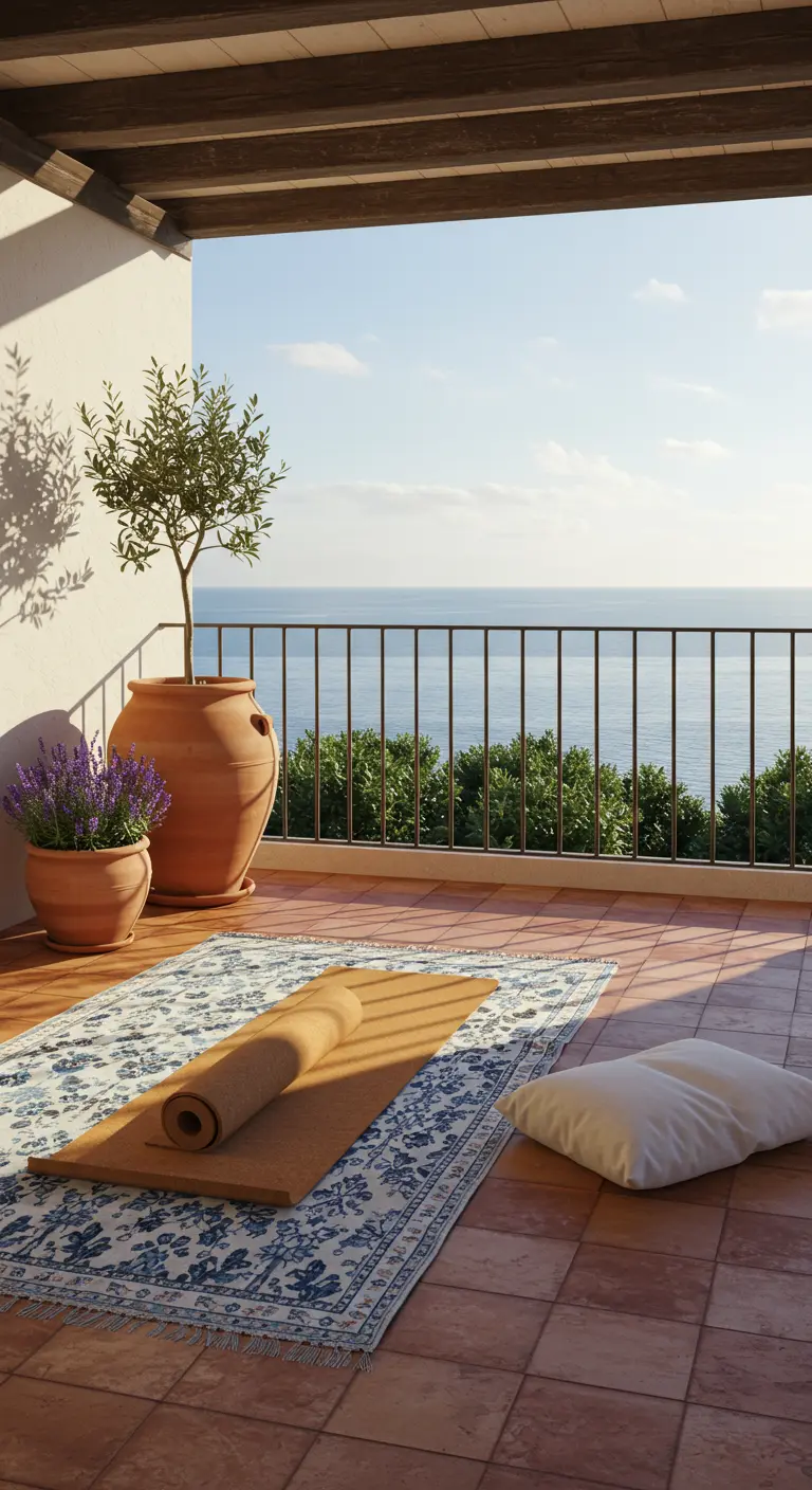 Balcón con vistas al mar, alfombra azul y blanca, y macetas de terracota.