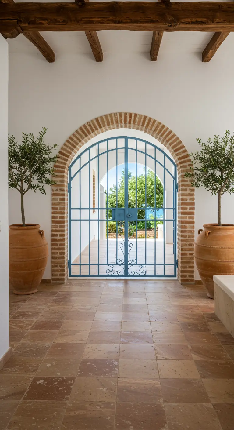 Pasillo interior con arco de ladrillo, reja de hierro azul y olivos en grandes tinajas de barro.
