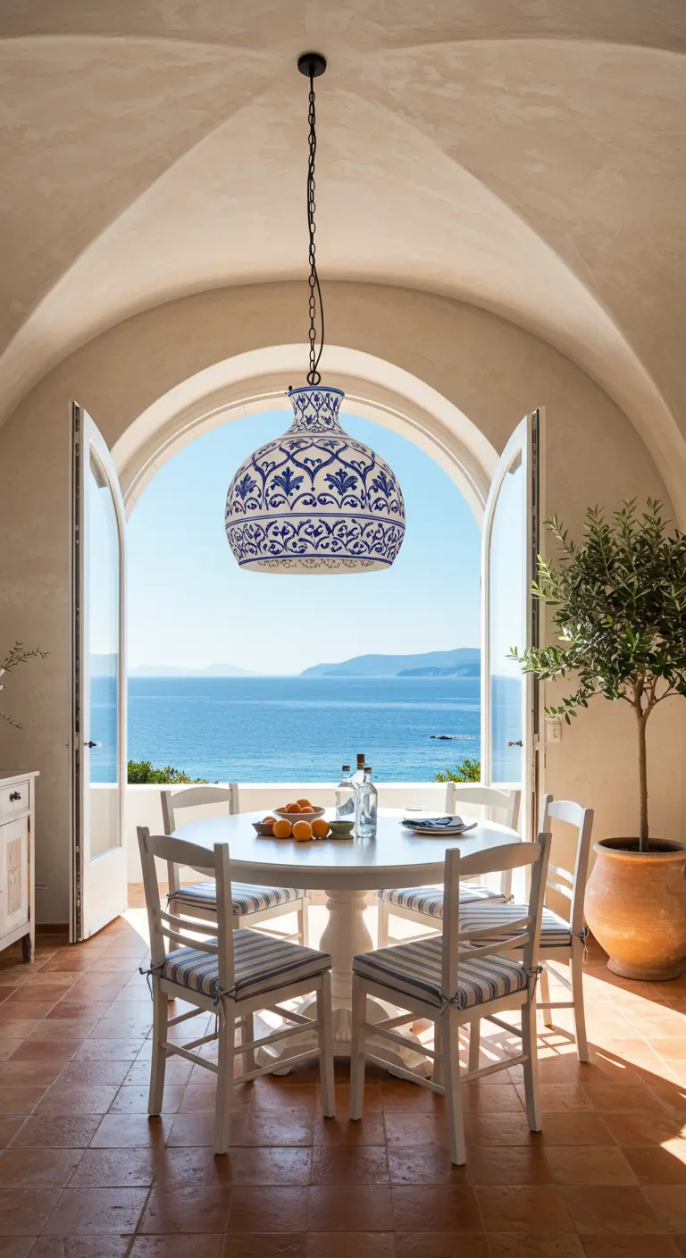 Comedor con vistas al mar, mesa blanca y lámpara de cerámica azul y blanca.
