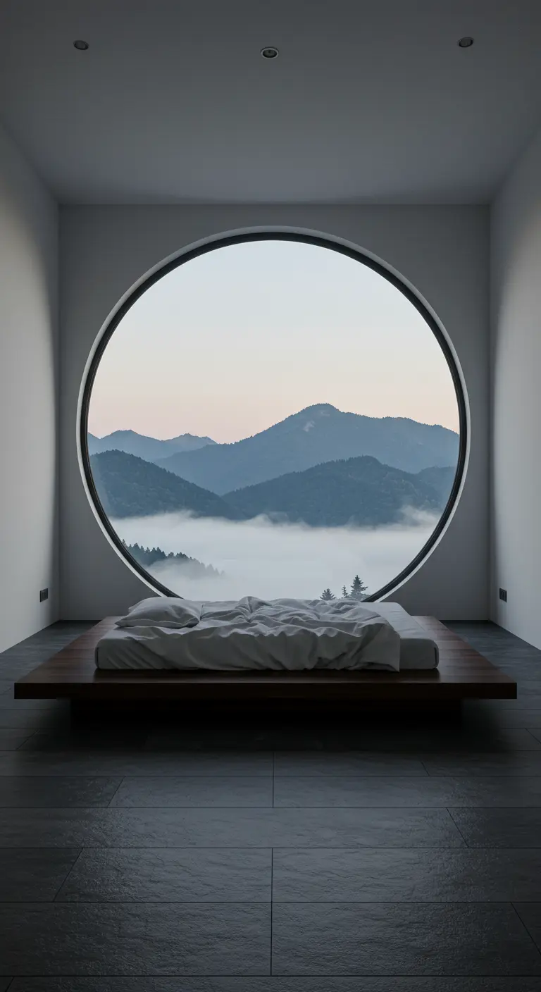 Dormitorio minimalista con una cama baja frente a una enorme ventana redonda con vistas a las montañas.