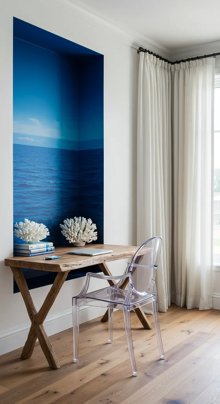 Escritorio de madera frente a un nicho con un mural de océano azul y una silla transparente.