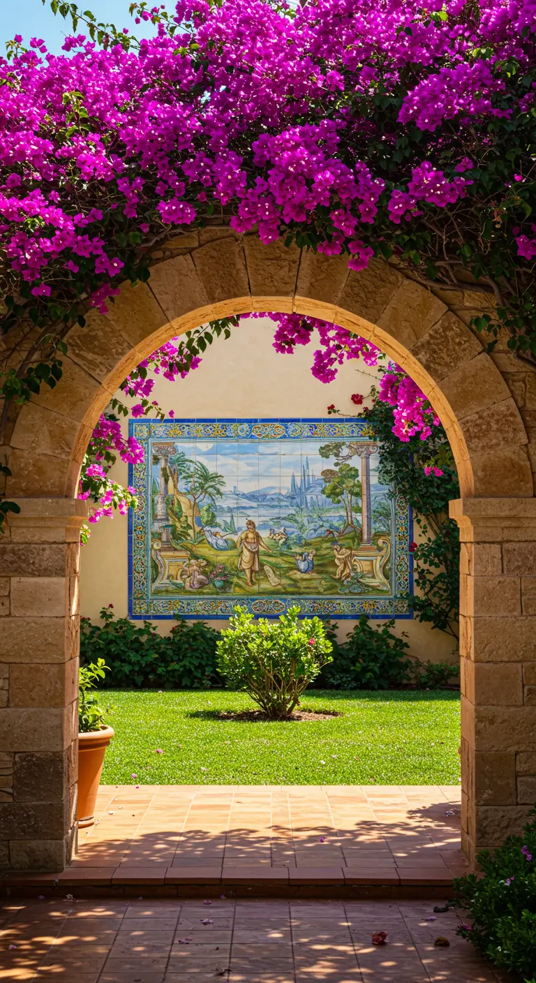 Mural de azulejos con un paisaje, visto a través de un arco de piedra cubierto de buganvillas.