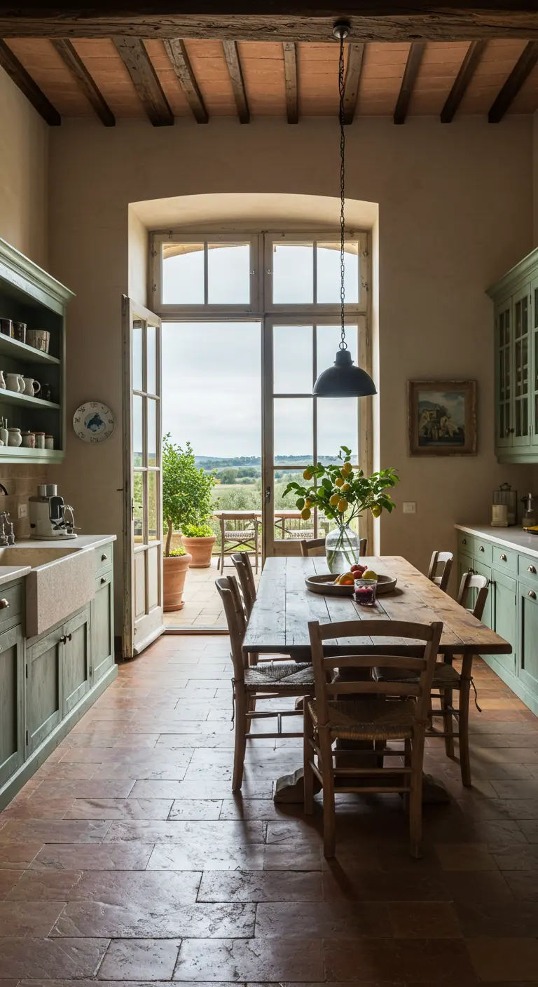 Cocina rústica con muebles verde salvia y puertas abiertas a un paisaje toscano.
