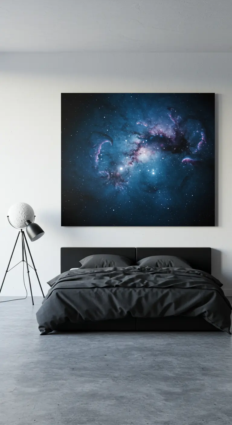 Dormitorio minimalista con un enorme cuadro de una nebulosa sobre la cama.