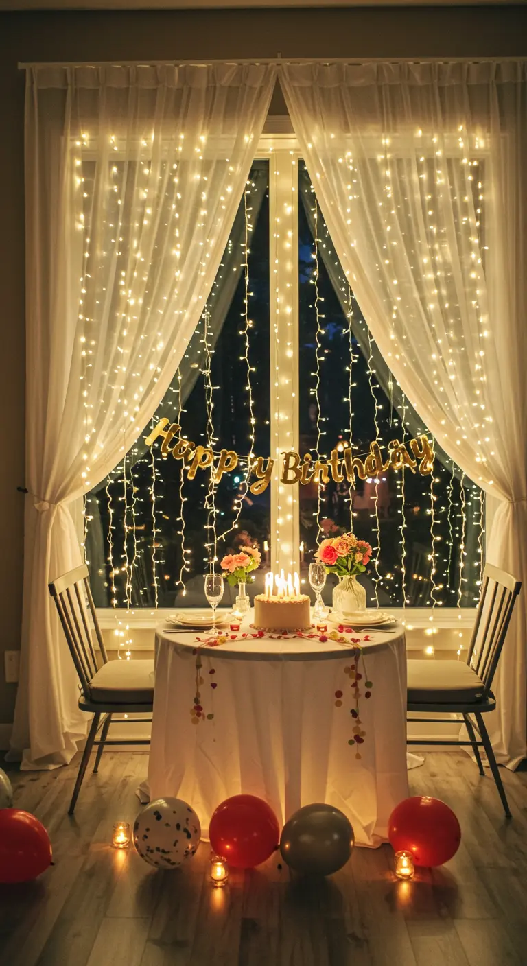 Mesa para dos delante de una ventana decorada con cortinas de luces y un cartel de