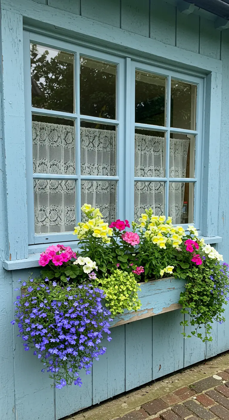 Jardinera de madera azul bajo una ventana, rebosante de flores de colores vivos y variados.