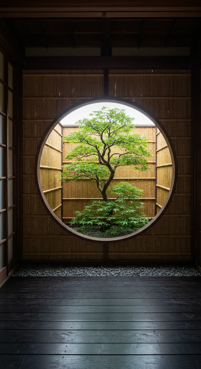 Árbol de arce visto a través de una ventana circular en una pared de bambú.