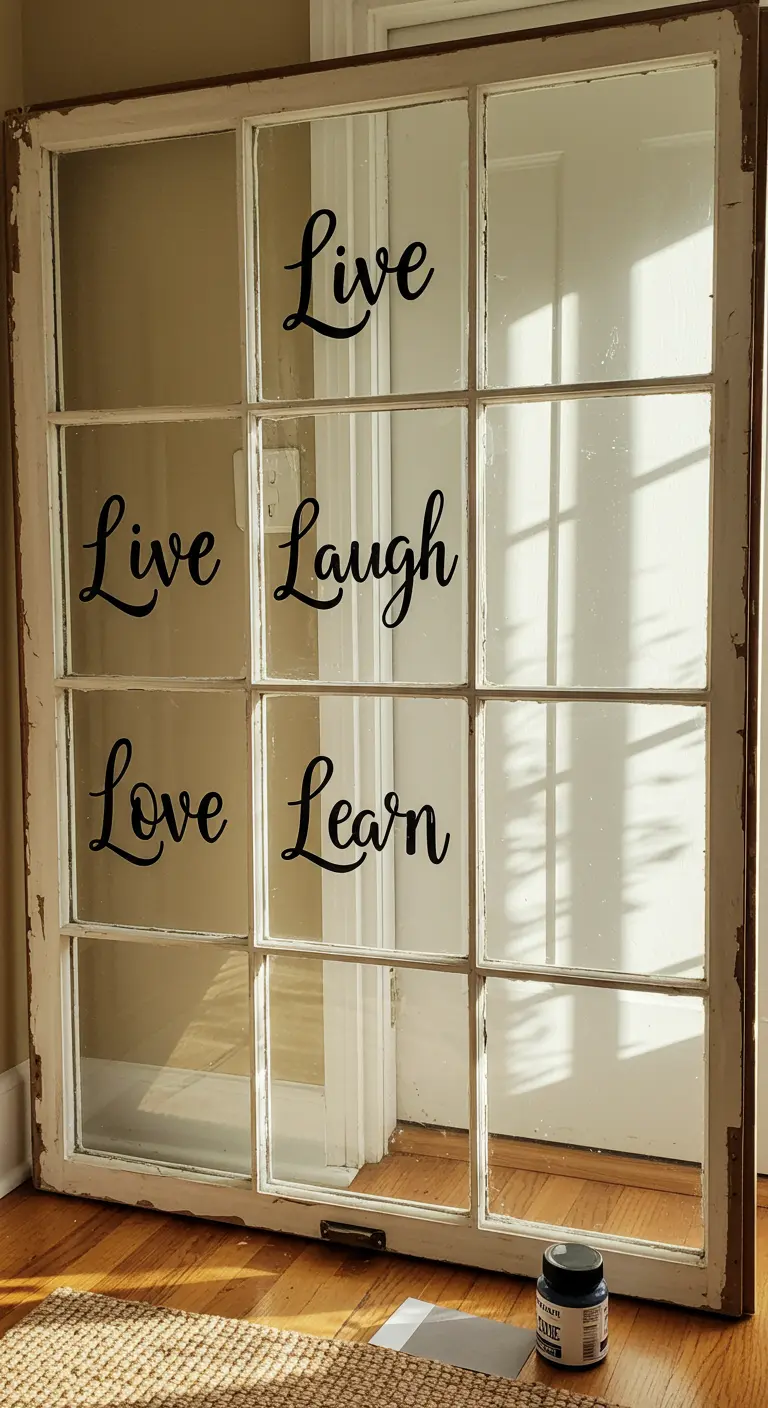 Ventana antigua reciclada con las palabras 'Live, Laugh, Love, Learn' en los cristales.