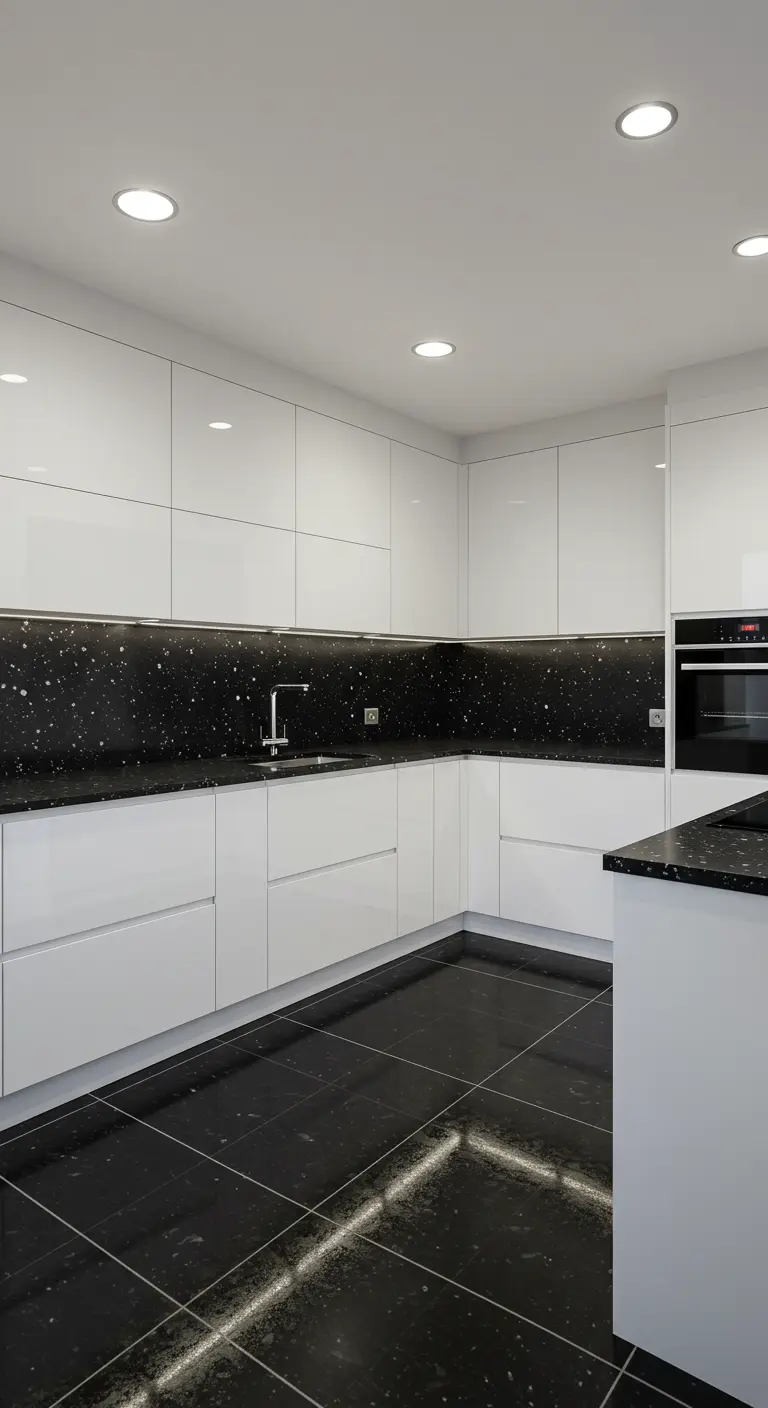 Cocina con armarios blancos y una encimera de cuarzo negro con destellos brillantes.