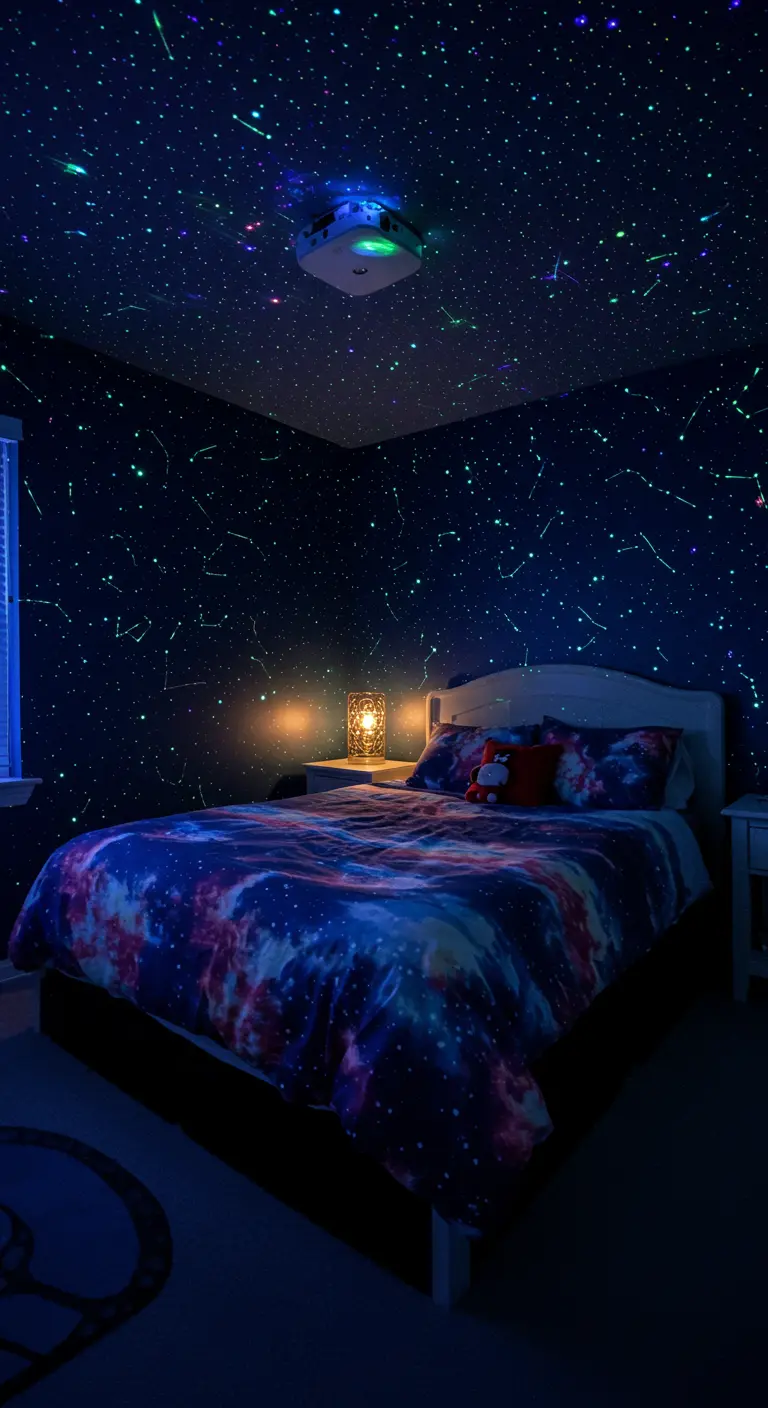Dormitorio oscuro con estrellas y constelaciones que brillan en la oscuridad en paredes y techo.