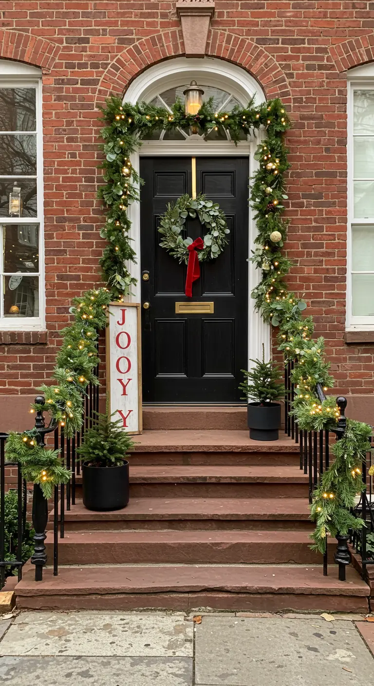 Entrada de ladrillo con guirnaldas iluminadas, corona de eucalipto y un cartel de 