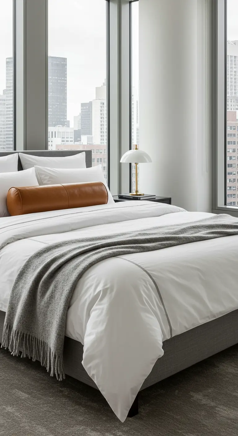 Cama moderna en un apartamento urbano con un cojín de cuero coñac y manta gris.