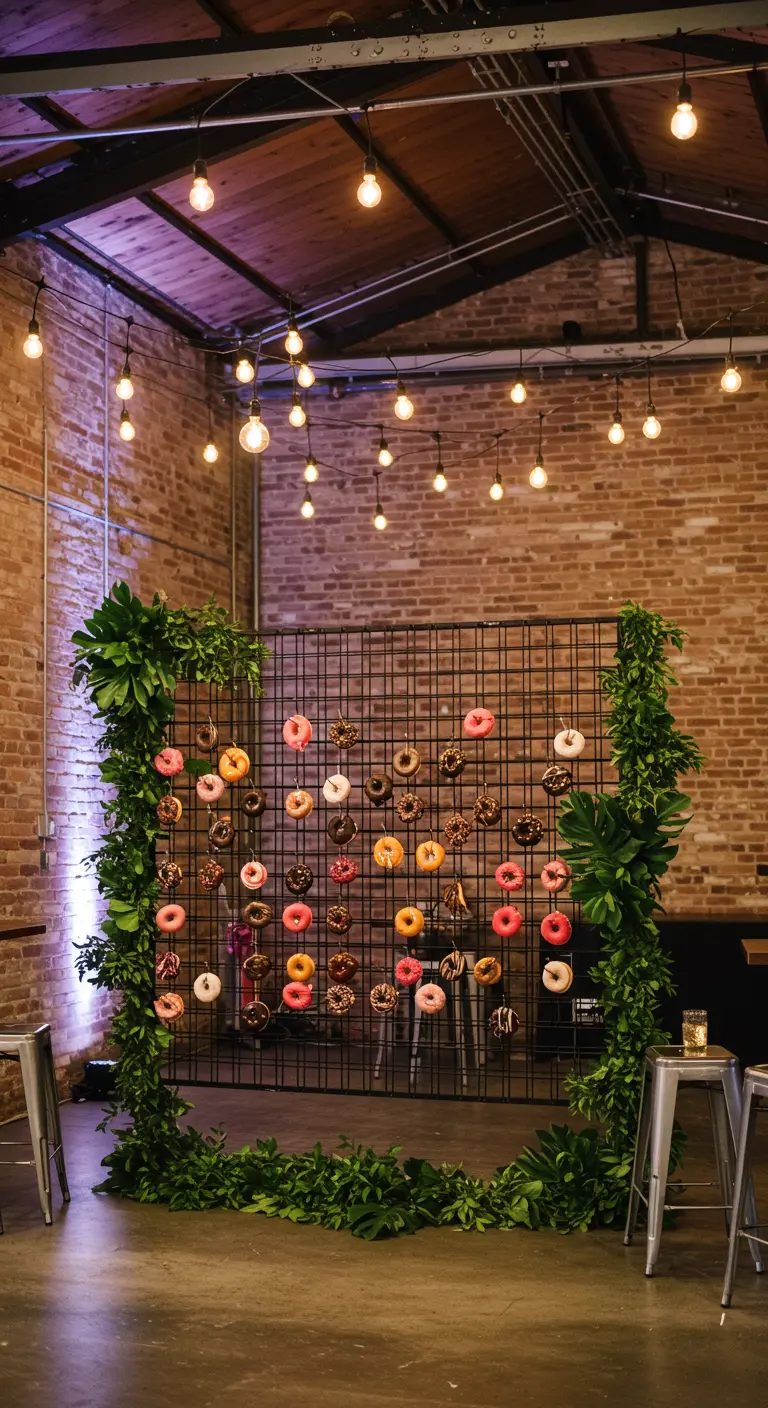 Donuts colgados en una rejilla metálica negra decorada con frondosas hojas verdes.