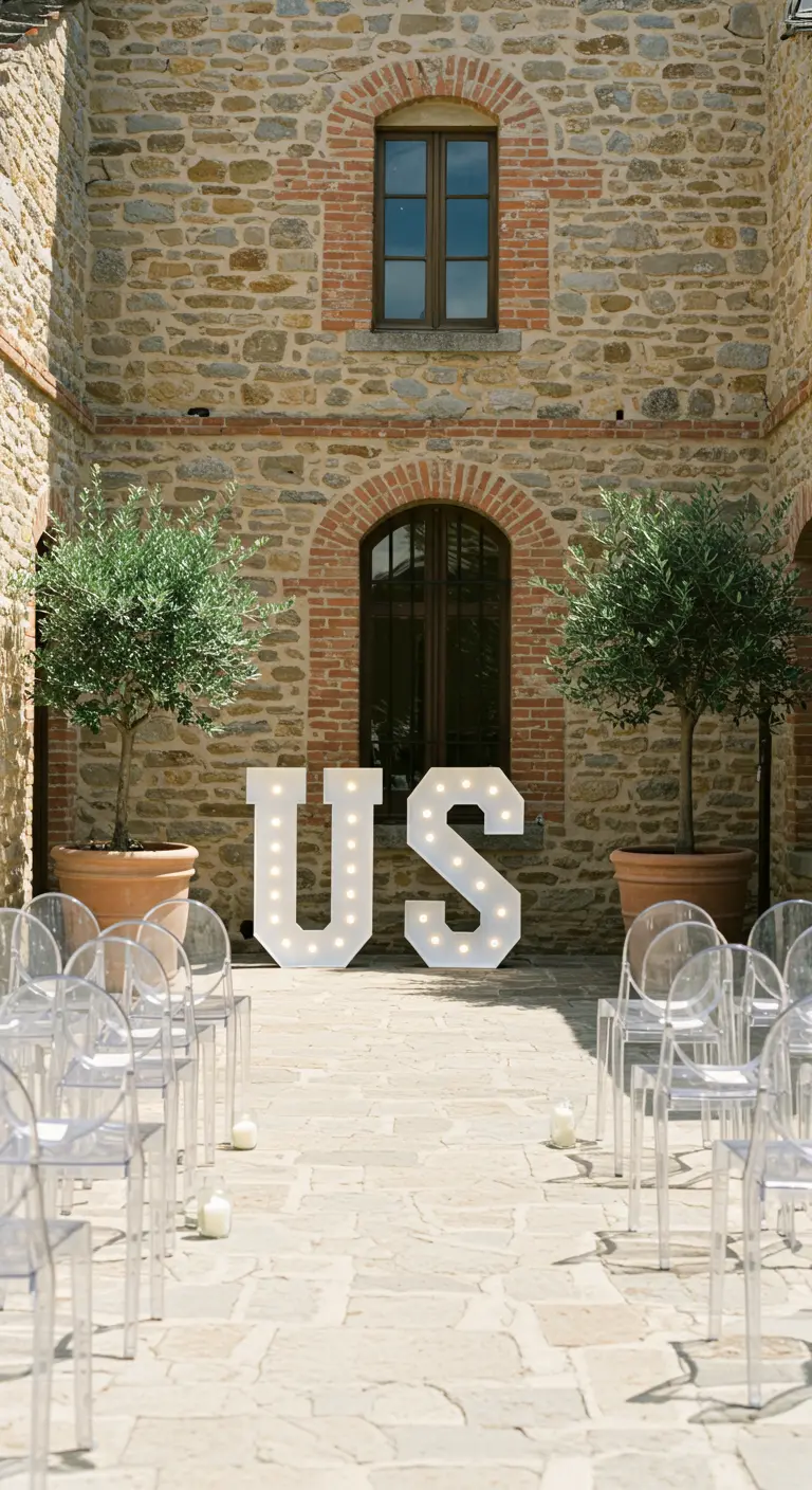Letras luminosas gigantes que dicen US en un patio de piedra de estilo mediterráneo.