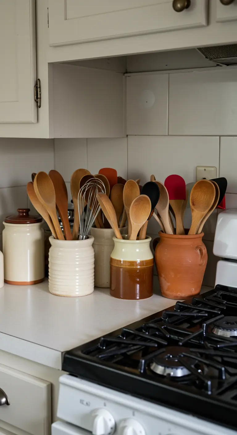 Utensilios de cocina de madera en varios recipientes de cerámica sobre la encimera.