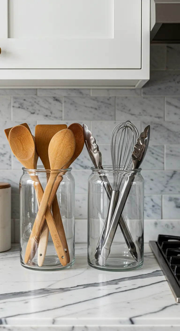 Dos frascos de vidrio en una encimera de mármol; uno con utensilios de madera y otro con utensilios de metal.