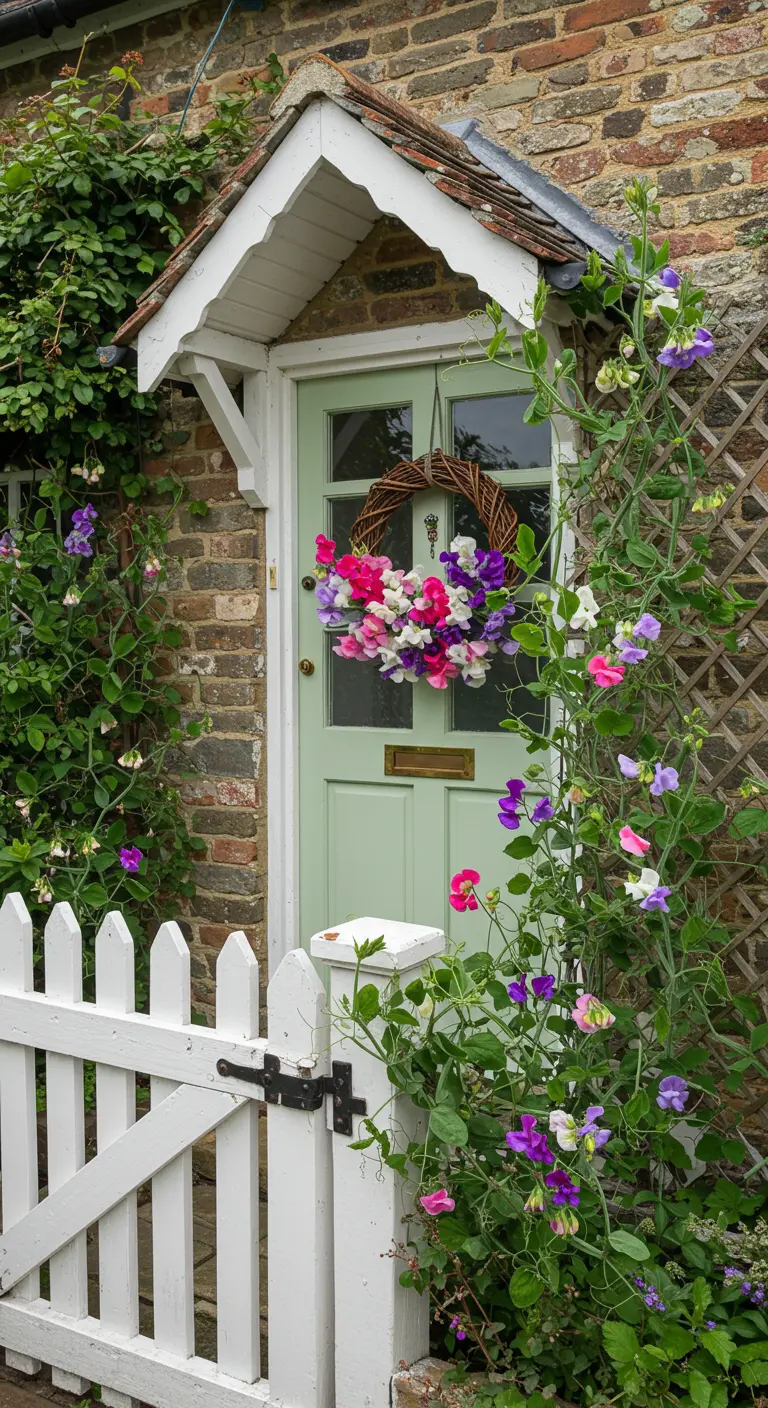 Entrada a un cottage con valla blanca, puerta verde menta y guisantes de olor trepando y adornando la corona