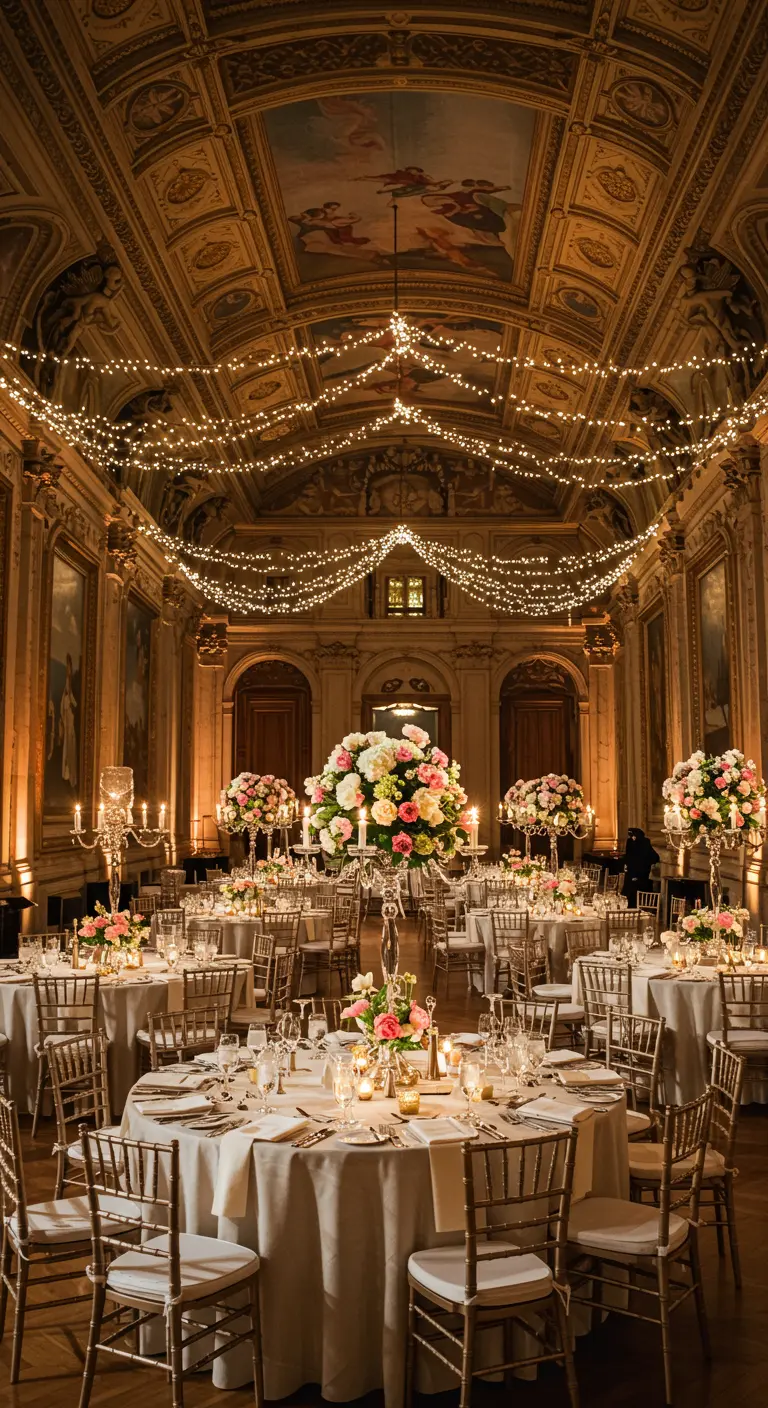 Salón de baile opulento con un techo artesonado y delicadas guirnaldas de luces cálidas.