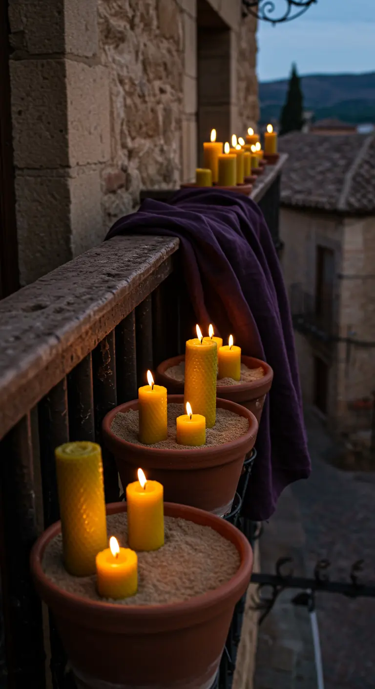 Velas de cera de abeja en macetas de terracota sobre una barandilla con tela morada.