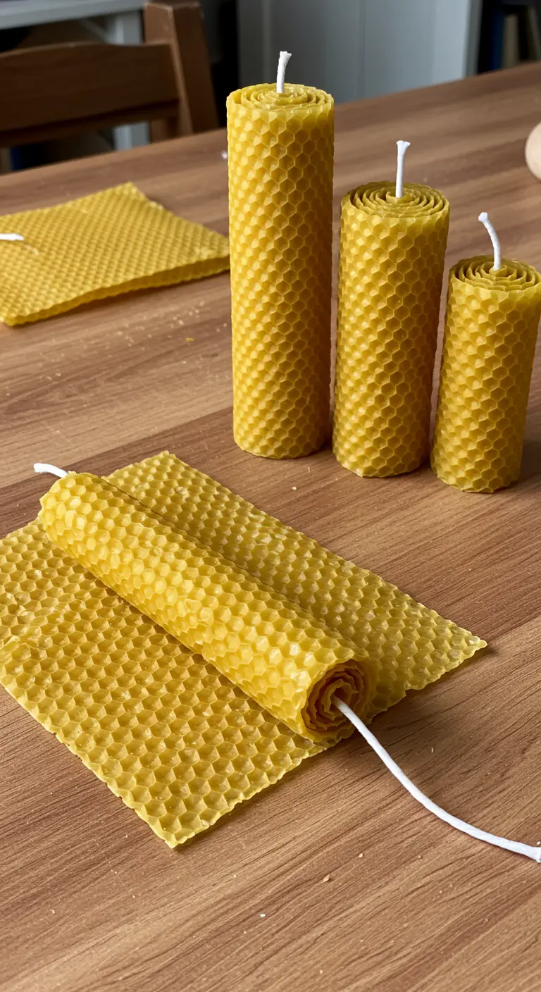 Proceso de enrollar láminas de cera de abeja con textura de panal para crear velas cilíndricas.