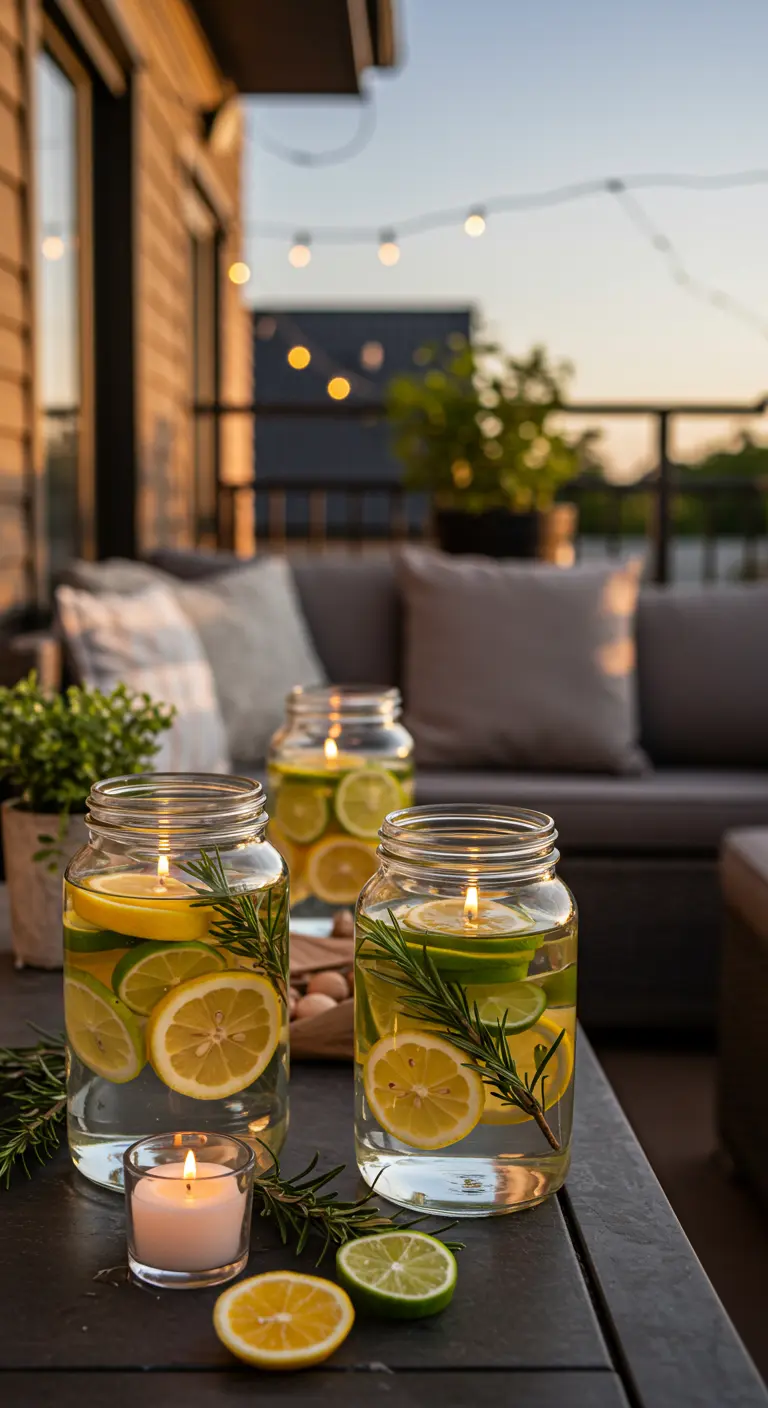 Frascos llenos de agua con rodajas de limón, lima y romero, con una vela flotante encendida.