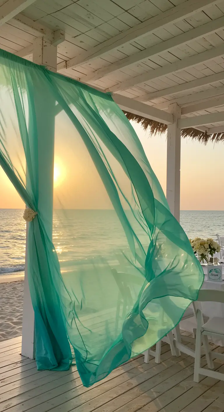 Cortina de gasa color turquesa ondeando al viento en un porche frente al mar al atardecer.