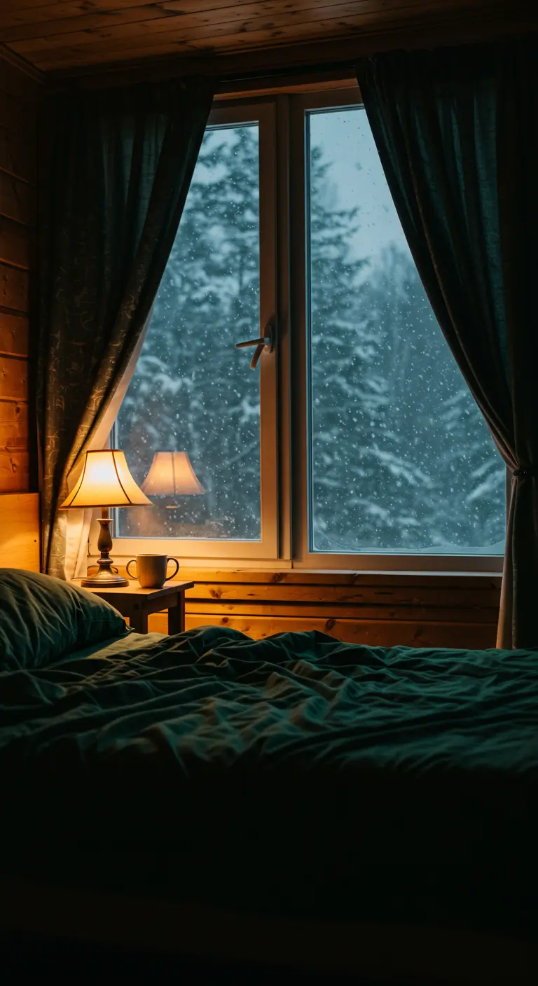 Cama acogedora junto a una ventana por la que se ve nevar en un bosque.
