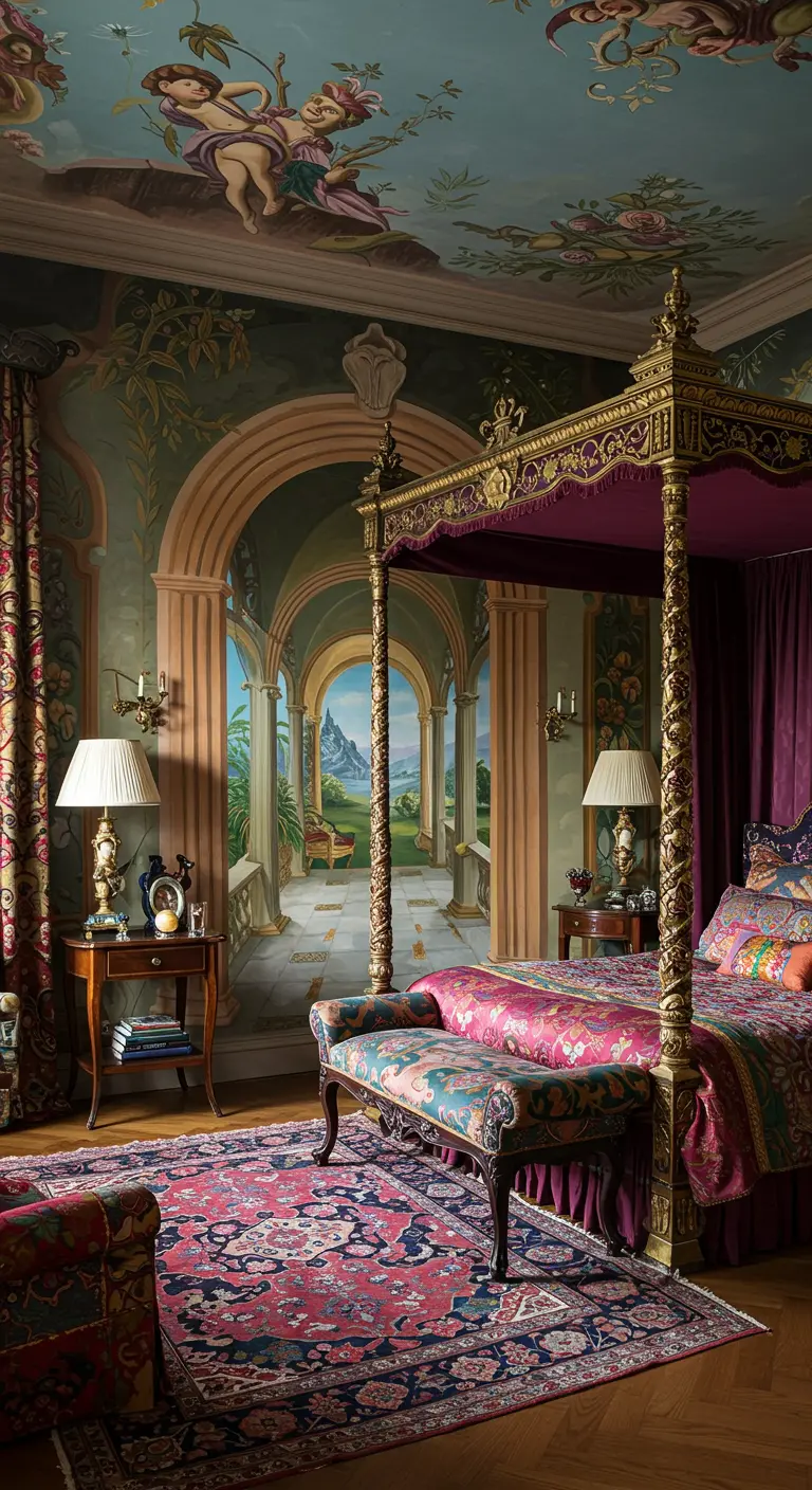 Dormitorio opulento con un mural trompe l'oeil que simula una galería renacentista.