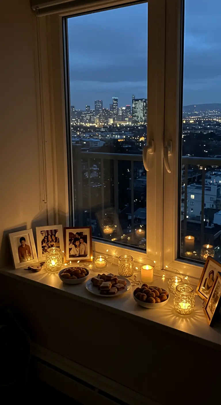 Altar en el alféizar de una ventana con vistas a la ciudad, iluminado por velas y luces de hadas.
