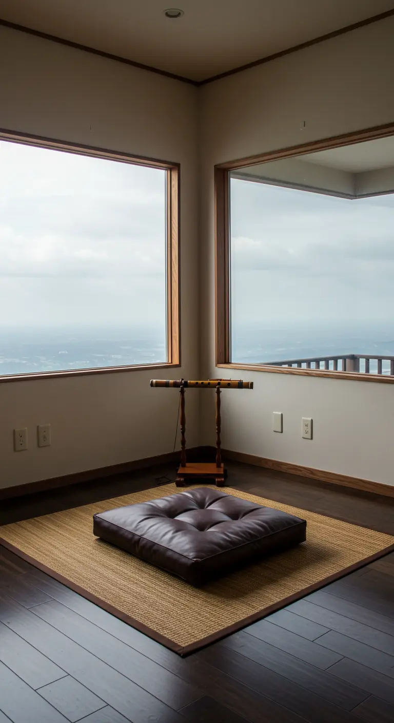 Rincón de meditación con un gran cojín de suelo sobre una esterilla de tatami frente a ventanas con vistas.