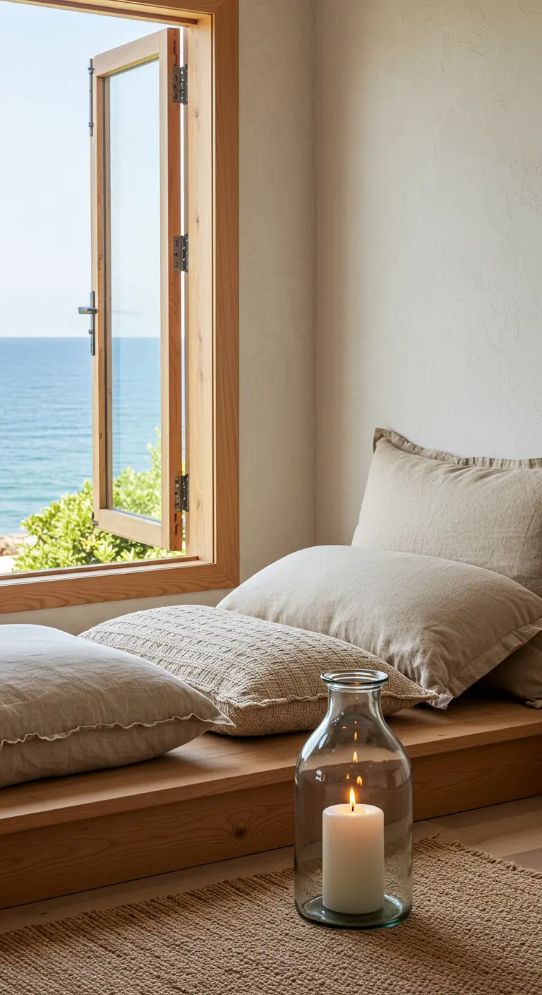 Rincón junto a una ventana con vistas al mar, con cojines de lino y una vela en un jarrón.