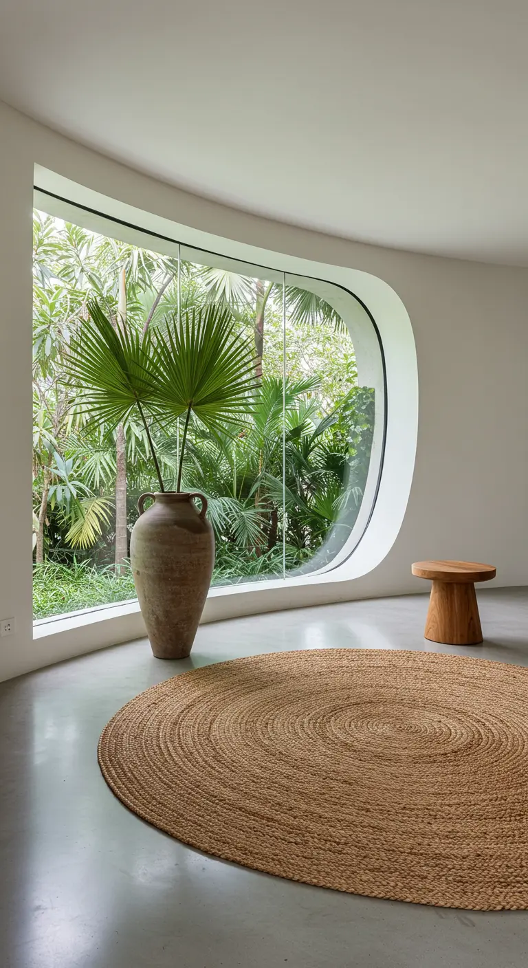 Espacio moderno con gran ventana curva, alfombra redonda de yute y una palmera en una vasija.