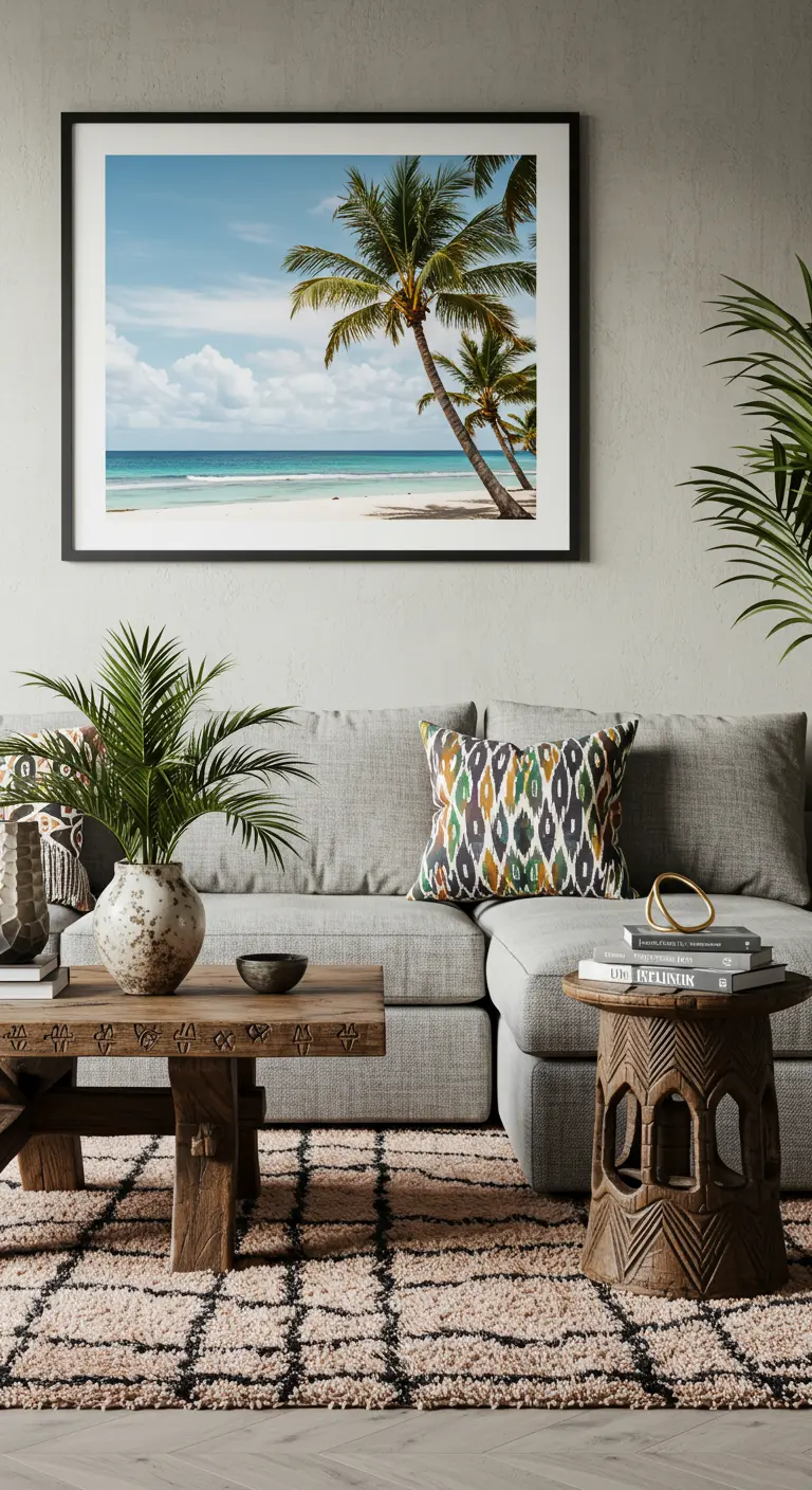 Sala con un gran cuadro de una playa tropical sobre el sofá.