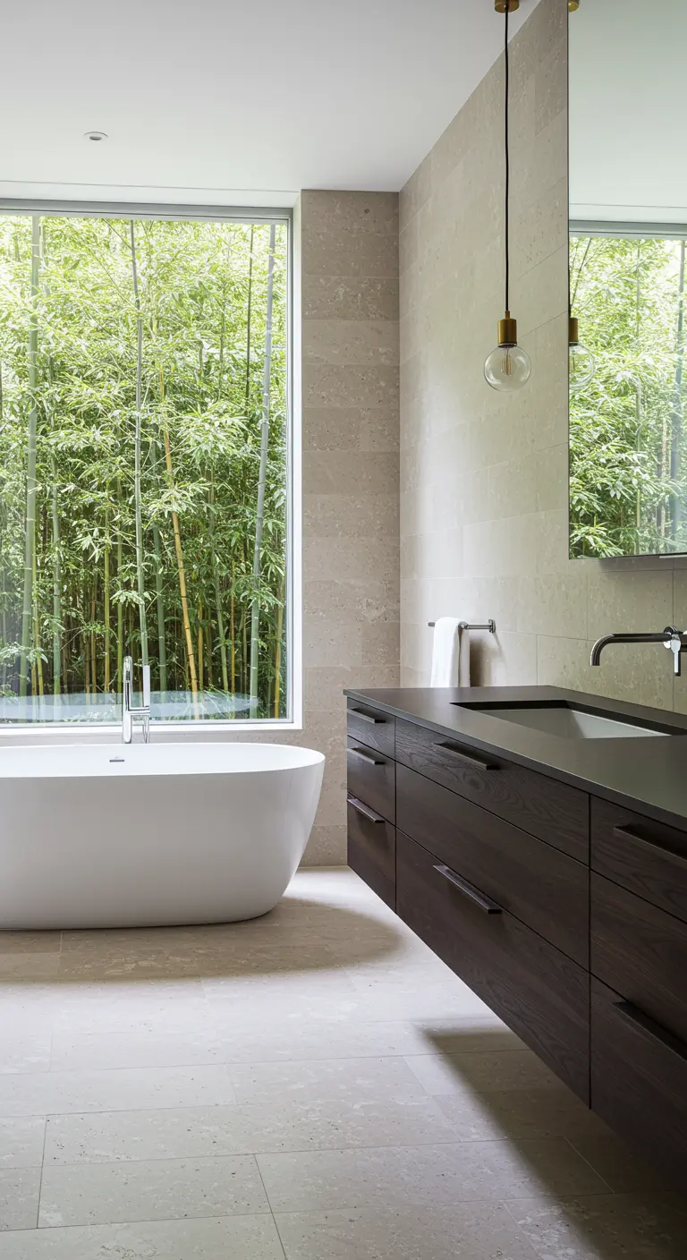 Baño con una gran ventana que da a un frondoso bosque de bambú