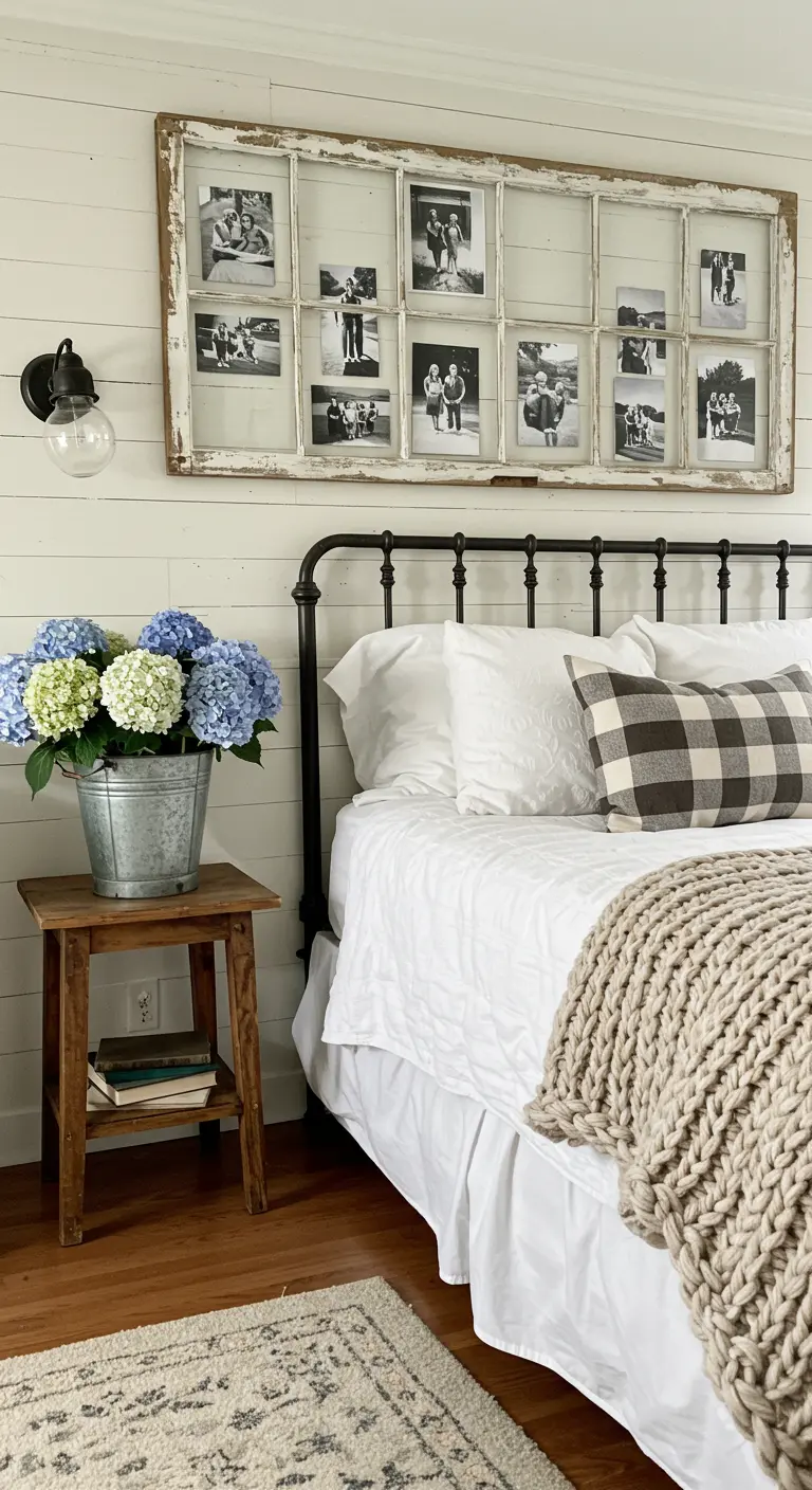 Marco de ventana antiguo reutilizado como marco de fotos múltiples sobre una cama de estilo farmhouse.