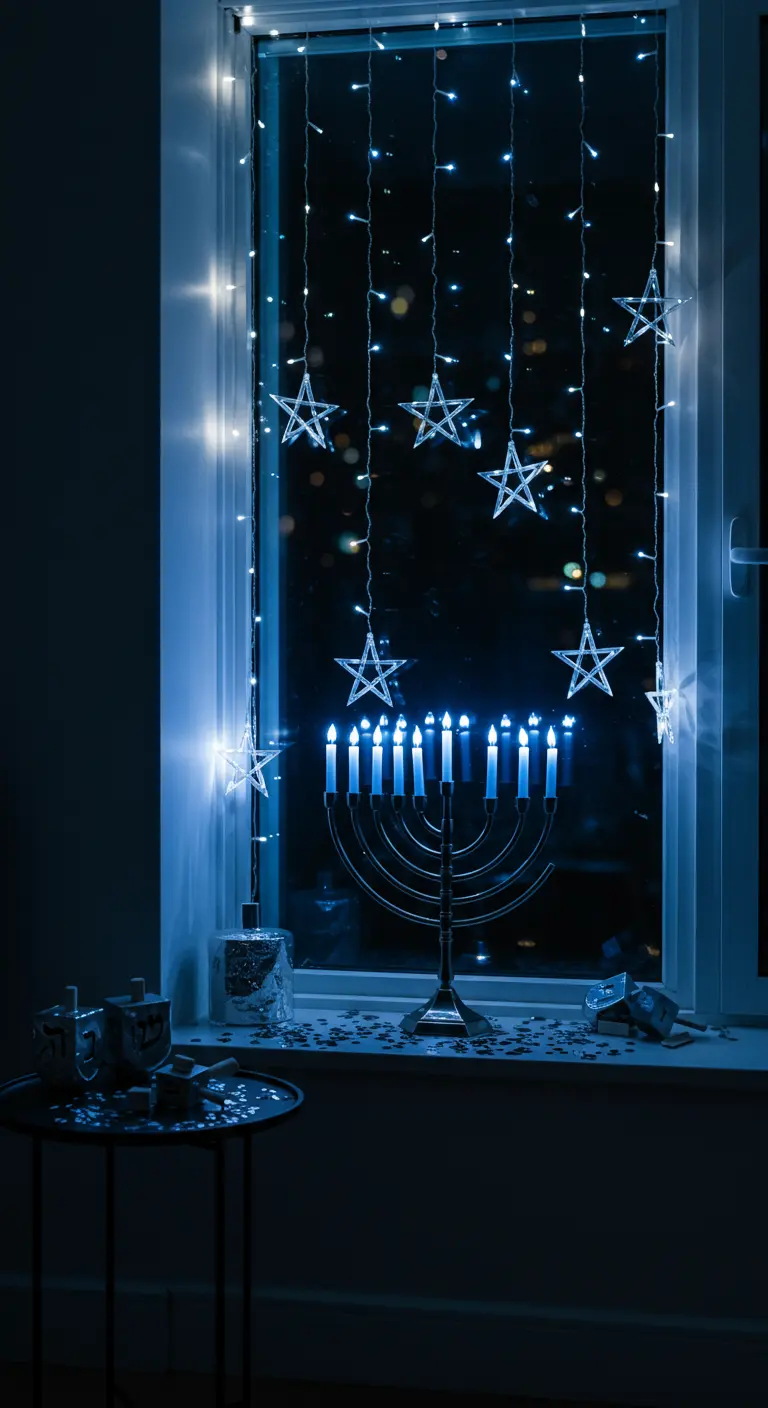 Menorá de Hanukkah en una ventana, decorada con luces de estrellas azules y blancas.