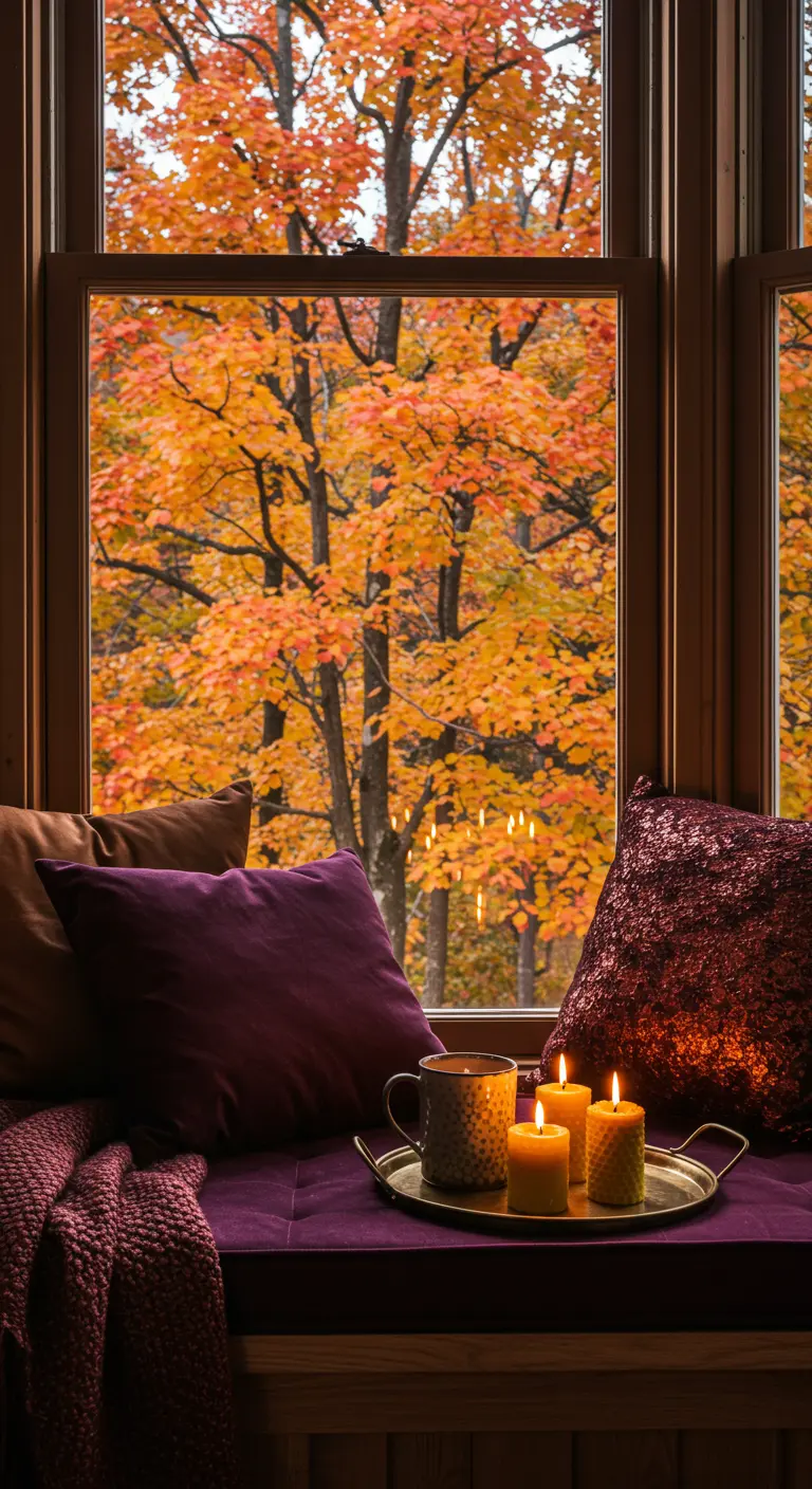 Rincón de ventana con cojines de terciopelo morado y velas, con vistas a un bosque otoñal.