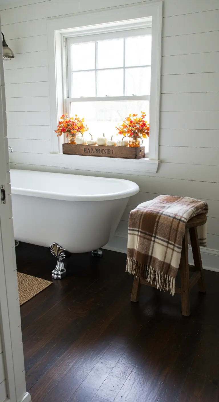 Baño de estilo granja con calabazas blancas y flores en una caja de madera en la ventana.