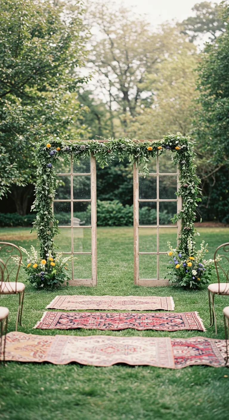 Altar de boda hecho con dos marcos de ventana antiguos cubiertos de enredaderas.