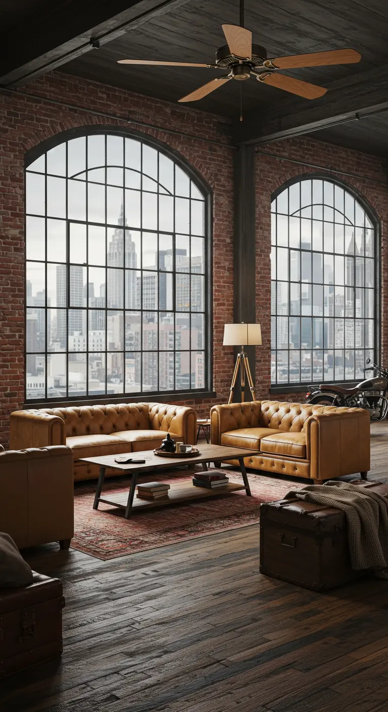 Amplio salón tipo loft con enormes ventanales arqueados y sofás de cuero.