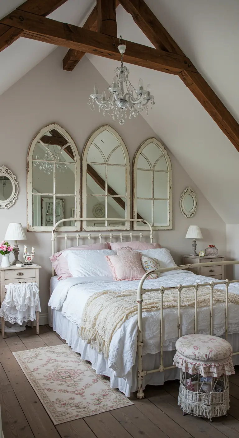 Trío de espejos en forma de ventana de arco sobre una cama de forja en un dormitorio romántico.