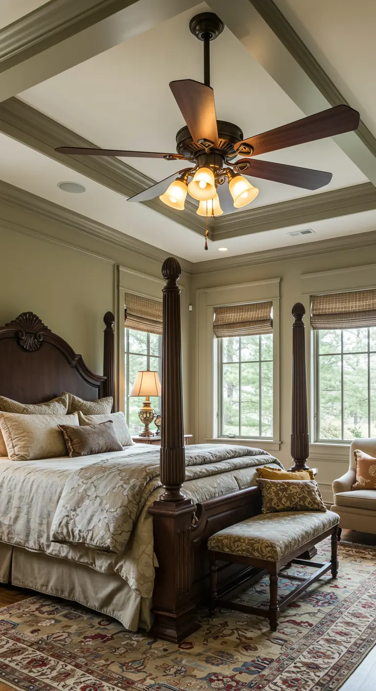 Ventilador de techo con aspas de madera y detalles de latón en un dormitorio clásico.