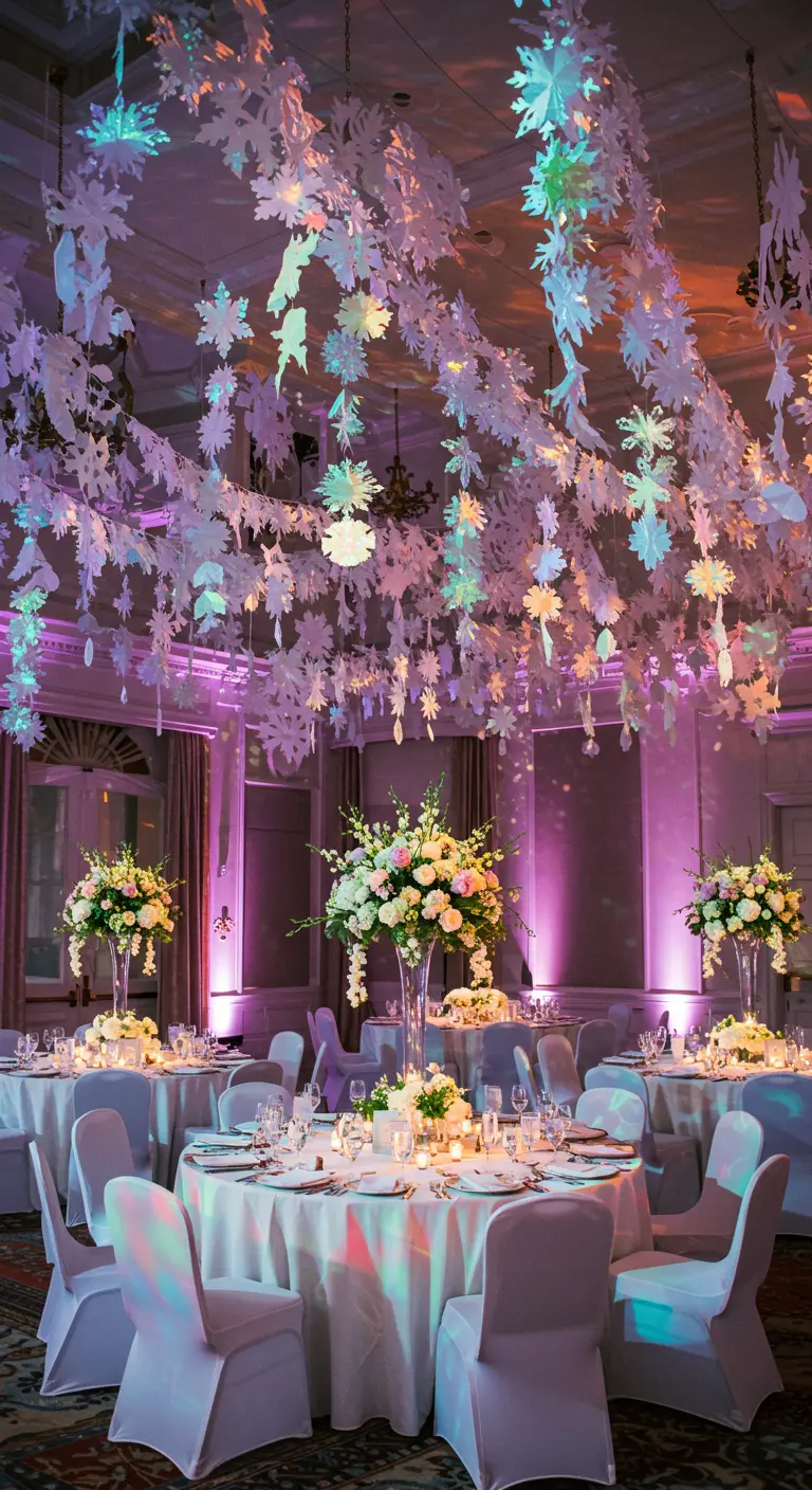 Salón de bodas elegante con un techo cubierto de copos de nieve de papel colgantes iluminados en tonos fríos.