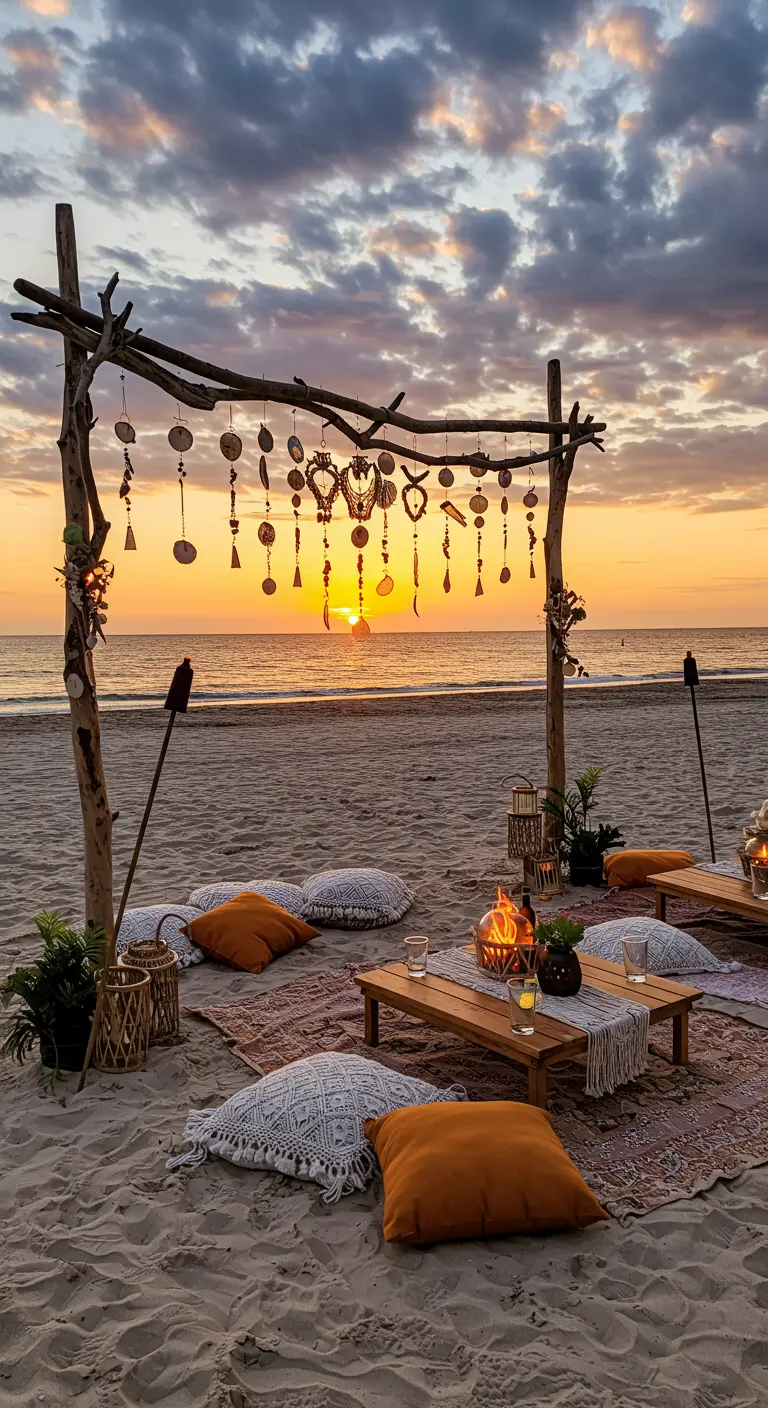 Estructura de madera en la playa al atardecer, decorada con adornos colgantes de estilo bohemio.
