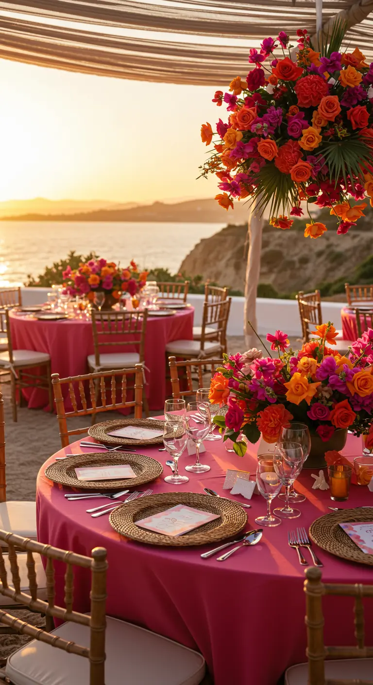 Mesas de boda con manteles fucsia y flores vibrantes junto al mar durante el atardecer.