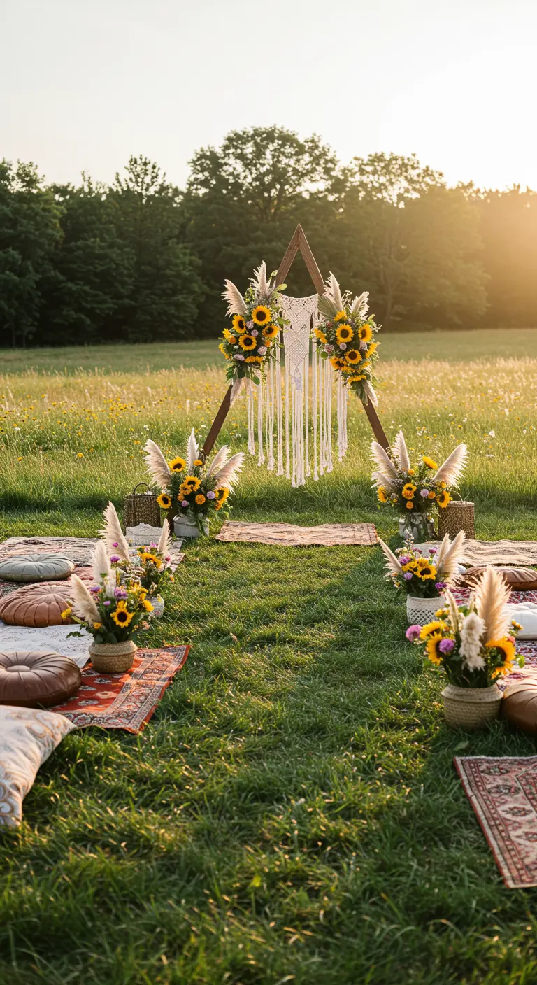 Altar de boda bohemio triangular con girasoles y macramé en un prado al atardecer.