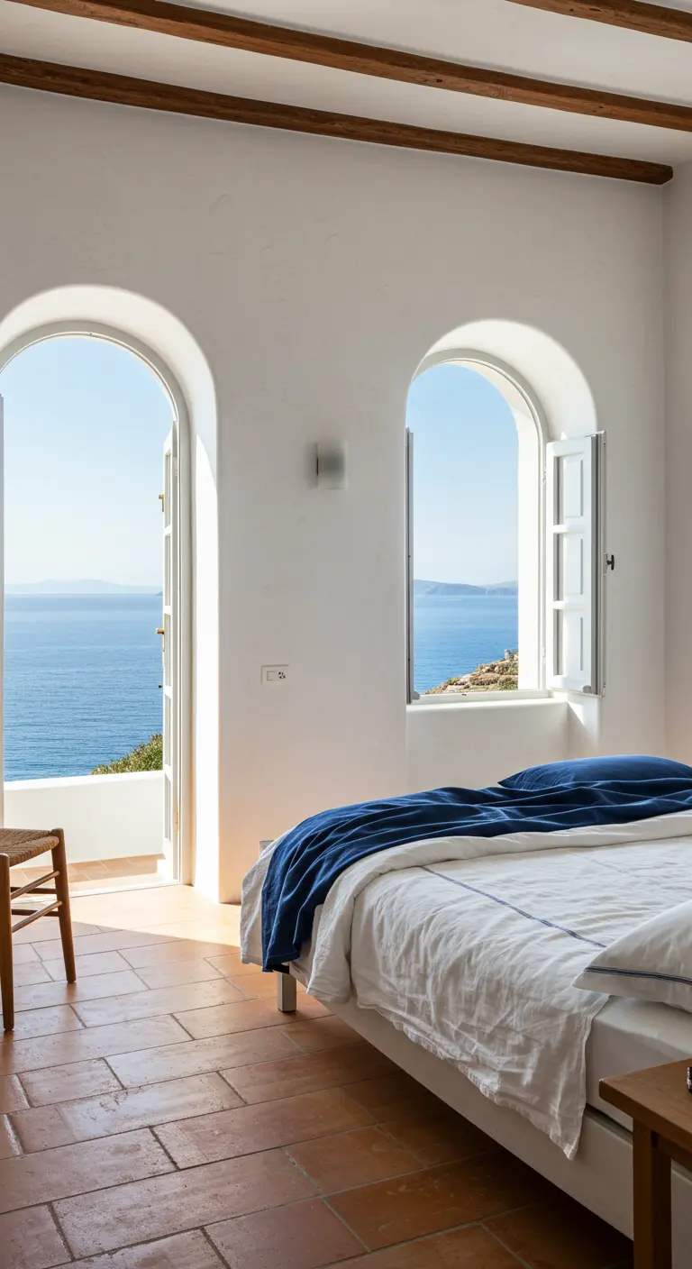 Dormitorio de estilo mediterráneo con paredes blancas, suelo de terracota y vistas al mar.