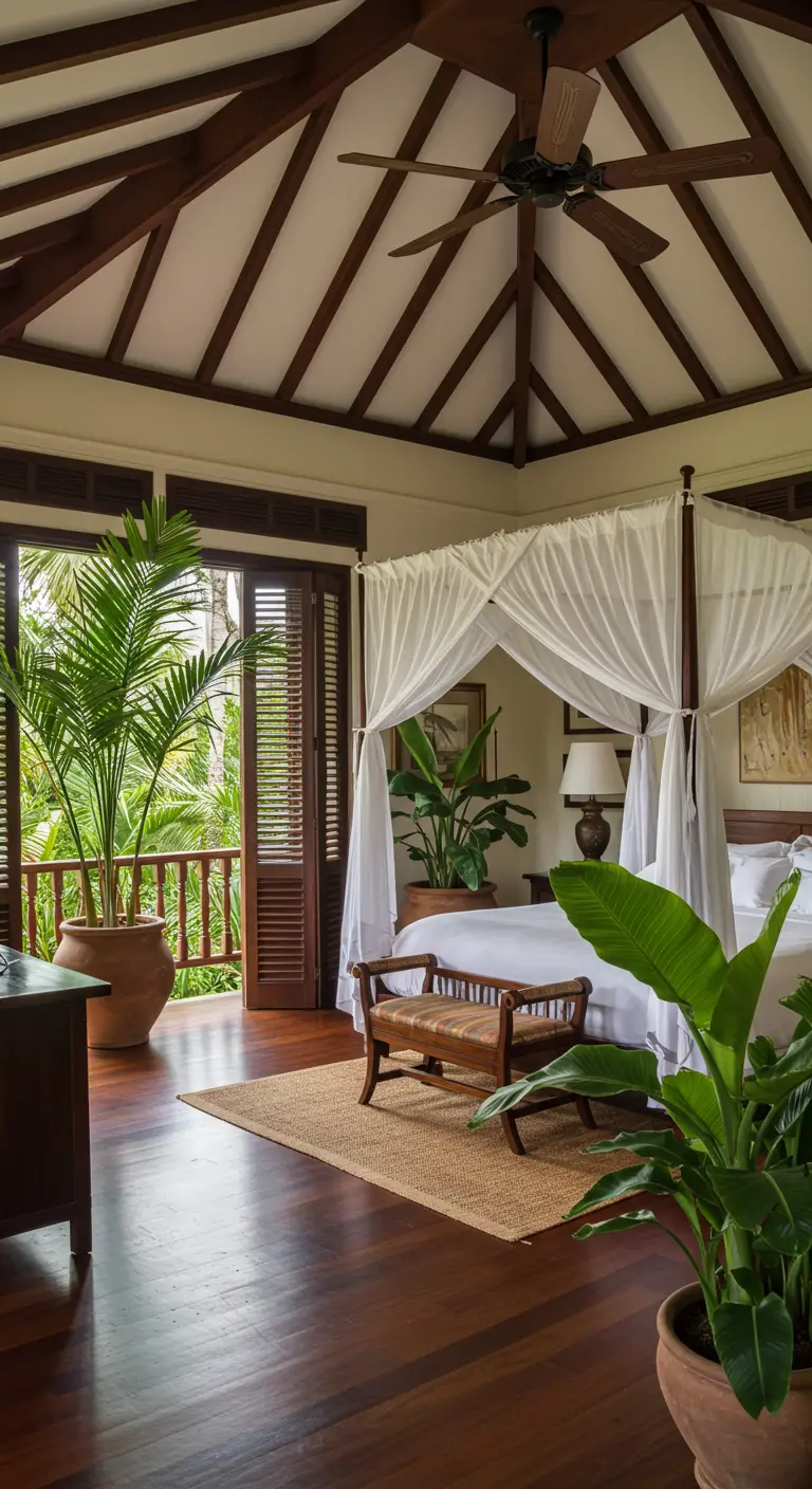 Dormitorio de estilo colonial tropical con cama con dosel, muebles de madera oscura y muchas plantas.