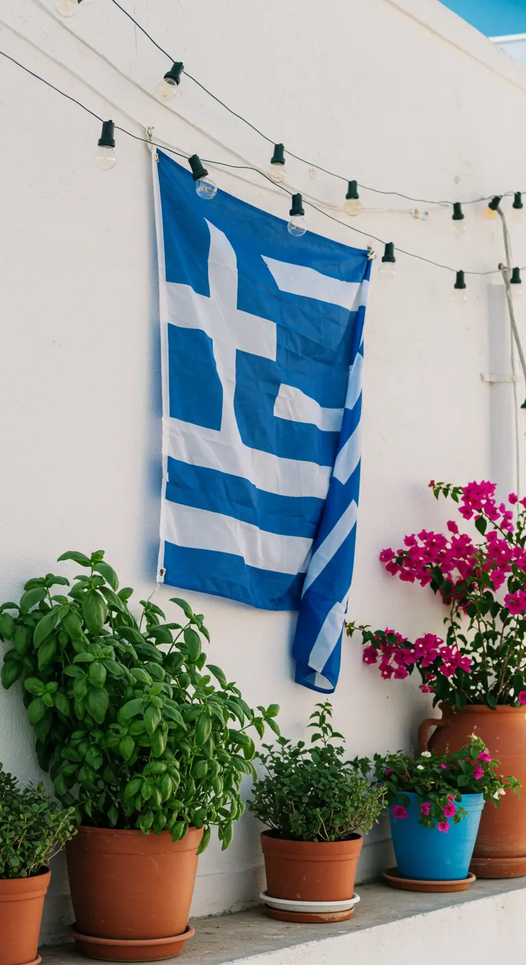Balcón de pared blanca con una bandera de Grecia, luces de bombilla y macetas con plantas.