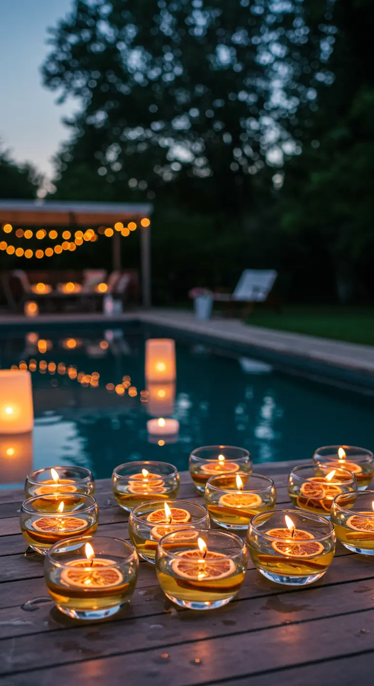 Velas flotantes en cuencos de cristal con rodajas de naranja deshidratada junto a una piscina.
